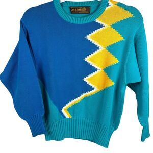 Vintage Lyle & Scott womens  Blue Geo Argyle Knit Scottish Sweater Size 36
